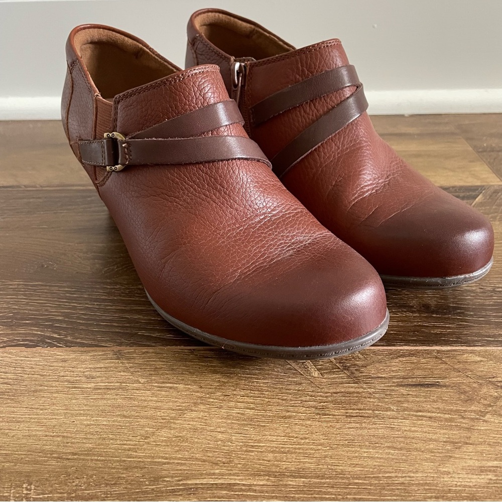 Clarks Chestnut Brown Leather Ankle Booties with Strap Accent